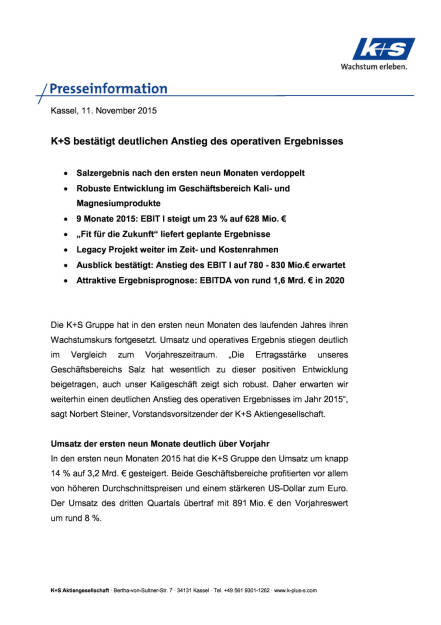 K+S: Anstieg des operativen Ergebnisses, Seite 1/8, komplettes Dokument unter http://boerse-social.com/static/uploads/file_460_ks_anstieg_des_operativen_ergebnisses.pdf (11.11.2015) 