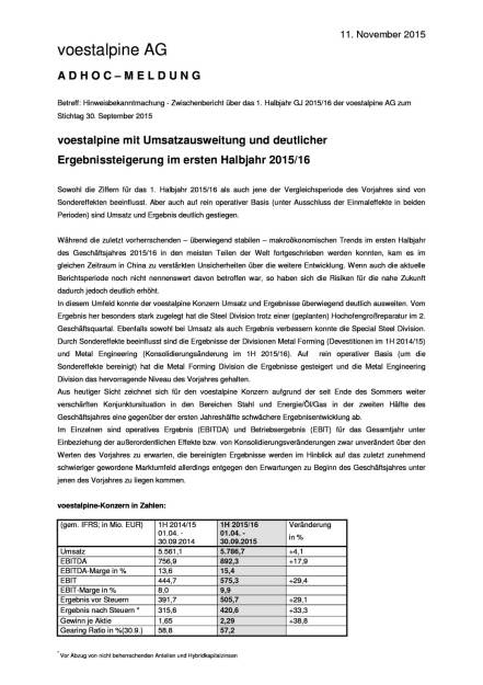 voestalpine Ad-Hoc Meldung zum 2. Quartal GJ 2015/16, Seite 1/2, komplettes Dokument unter http://boerse-social.com/static/uploads/file_465_voestalpine_ad-hoc_meldung_zum_2_quartal_gj_201516.pdf (11.11.2015) 