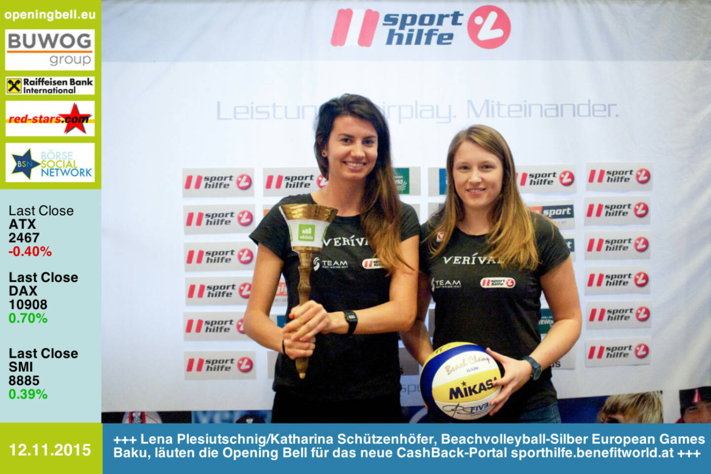 #openingbell am 12.11.: Lena Plesiutschnig und Katharina Schützenhöfer, Beachvolleyball-Silber European Games Baku, läuten die Opening Bell für das neue CashBack-Portal http://sporthilfe.benefitworld.at http://www.openingbell.eu