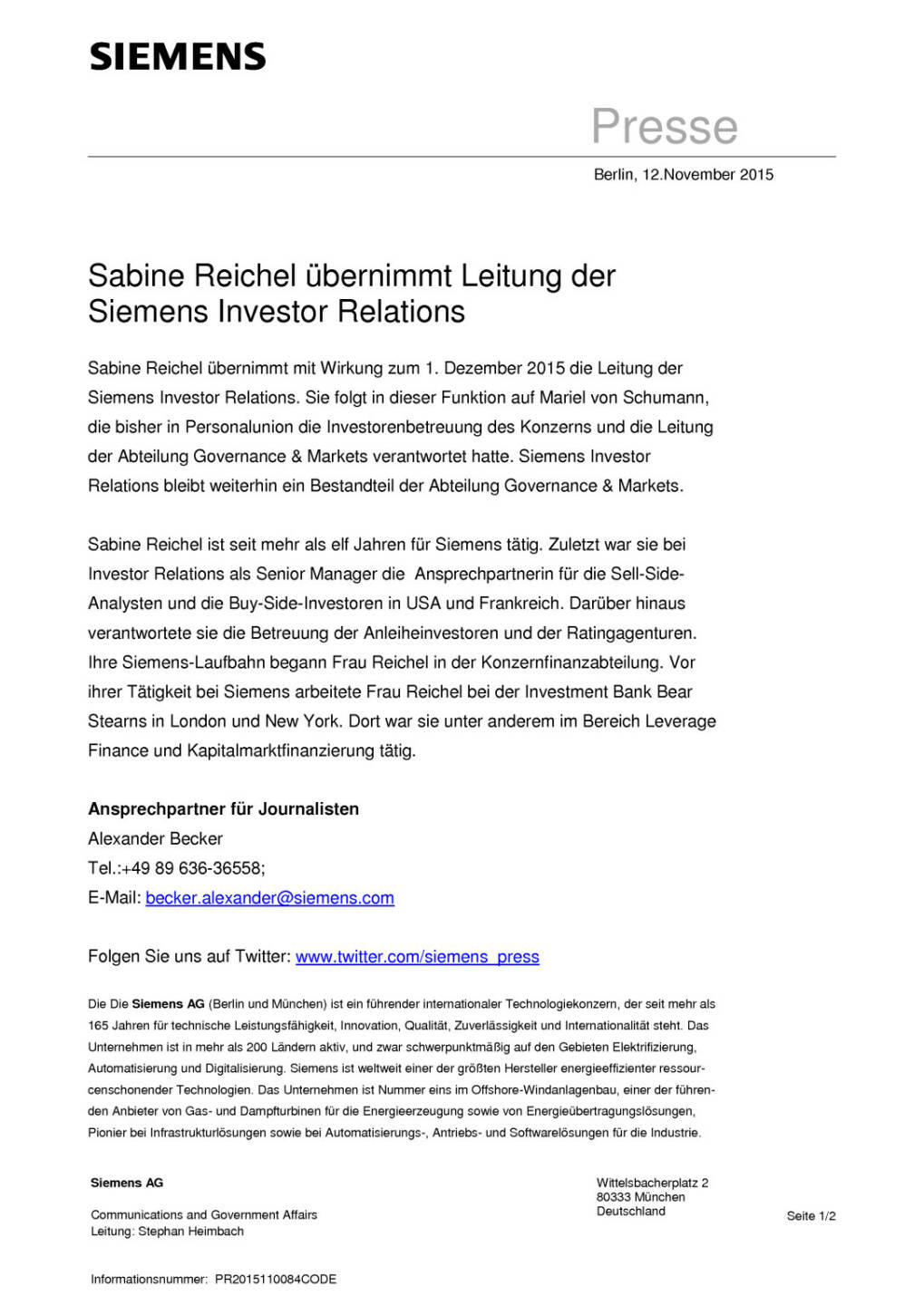 Sabine Reichel &uuml;bernimmt Leitung der Siemens Investor Relations, Seite 1/2, komplettes Dokument unter http://boerse-social.com/static/uploads/file_471_sabine_reichel_ubernimmt_leitung_der_siemens_investor_relations.pdf