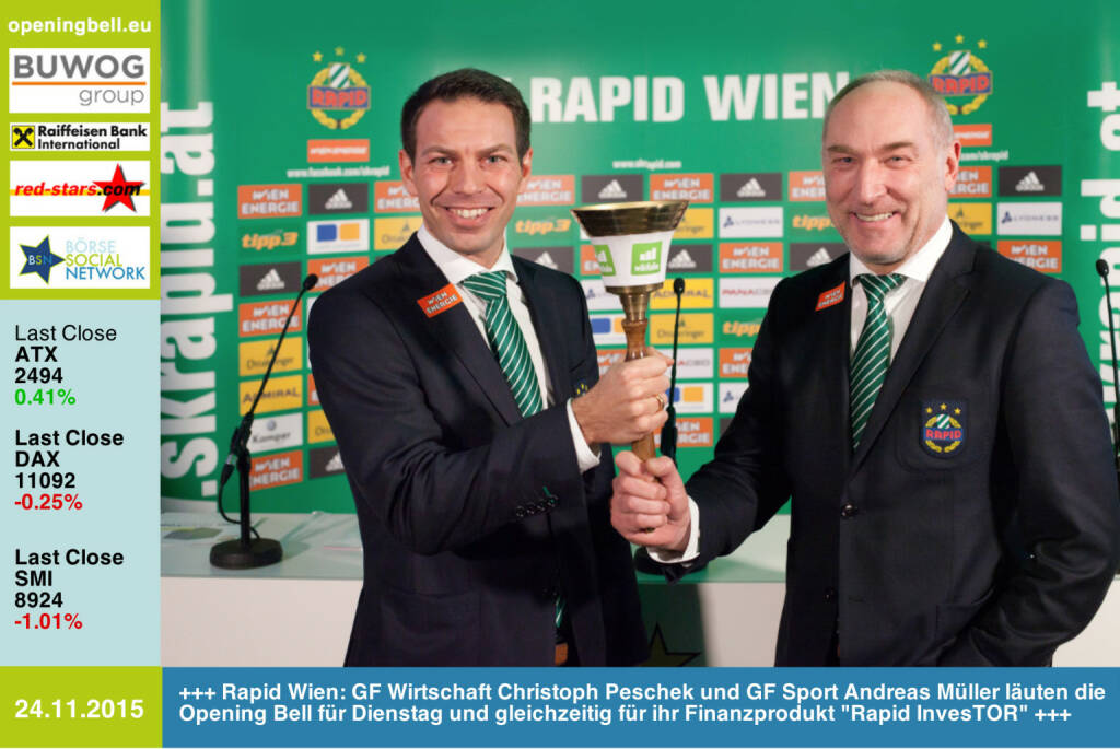 #openingbell am 24.11.: Rapid Wien: GF Wirtschaft Christoph Peschek und GF Sport Andreas Müller läuten die Opening Bell für die Dienstag-Börsen und gleichzeitig für ihr Finanzprodukt Rapid InvesTOR mit  http://www.conda.at www.skrapid.at http://www.openingbell.eu (24.11.2015) 