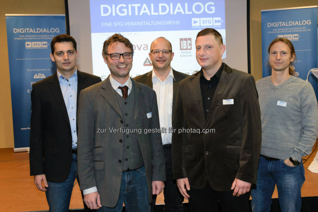 Robert Möstl (selbständig), Stefan Grünwald (FH Campus 02), Herwig Zeiner (Joanneum Research), Selver Softic (FH Campus 02), Roman Kern (Know Center) : 35. Digital Dialog zum Thema Data Science – Aus Daten Wissen schaffen : Fotocredit: Digitaldialog/APA-Fotoservice/Jamnig, © Aussender (25.11.2015) 