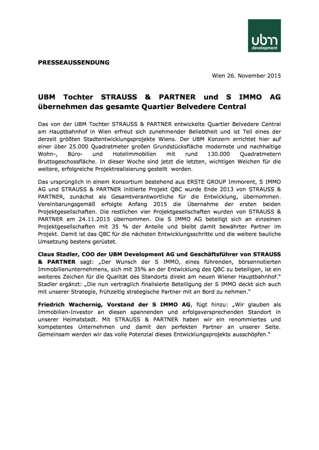 UBM Tochter Strauss & Partnew und S Immo &uuml;bernehmen das gesamte Quartier Belvedere Central  , Seite 1/2, komplettes Dokument unter http://boerse-social.com/static/uploads/file_495_ubm_tochter_strauss_partnew_und_s_immo_ubernehmen_das_gesamte_quartier_belvedere_central.pdf
