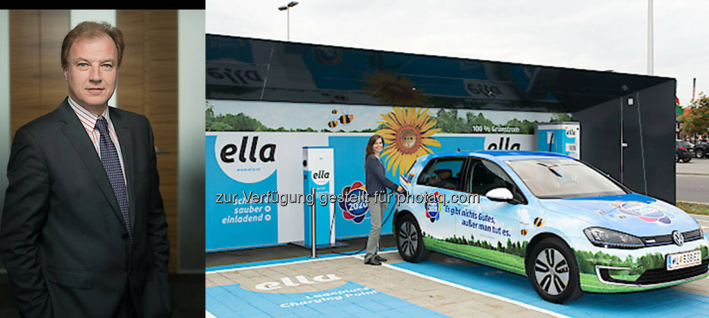 Andreas Dangl (Gründer, Vorstand Ella AG, Fotocredit: Eric Krügl), E-Ladestation (Fotocredit: Hofer) : Ganz in Grün unterwegs : Ella AG als starker Partner : Bei Hofer steht nun auch die E-Mobilität im Fokus der Nachhaltigkeitsinitiative „Projekt 2020“ : Schnell und kostenlos während des Einkaufs laden  