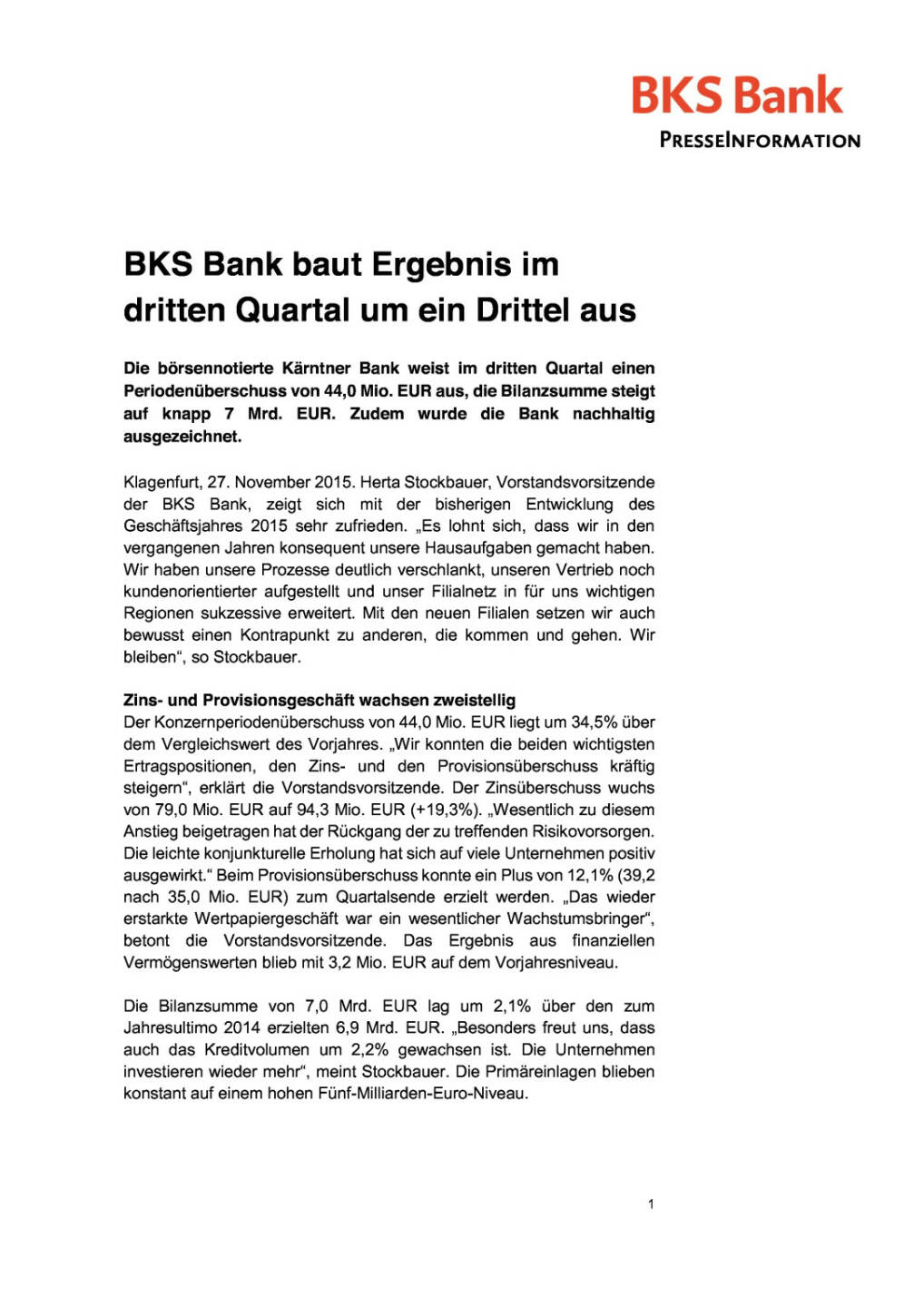 BKS Bank-Ergebnisse 3. Quartal 2015, Seite 1/3, komplettes Dokument unter http://boerse-social.com/static/uploads/file_499_bks_bank-ergebnisse_3_quartal_2015.pdf