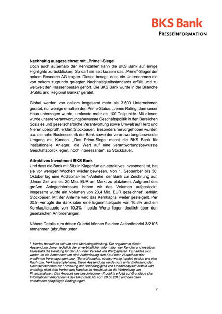 BKS Bank-Ergebnisse 3. Quartal 2015, Seite 2/3, komplettes Dokument unter http://boerse-social.com/static/uploads/file_499_bks_bank-ergebnisse_3_quartal_2015.pdf (27.11.2015) 