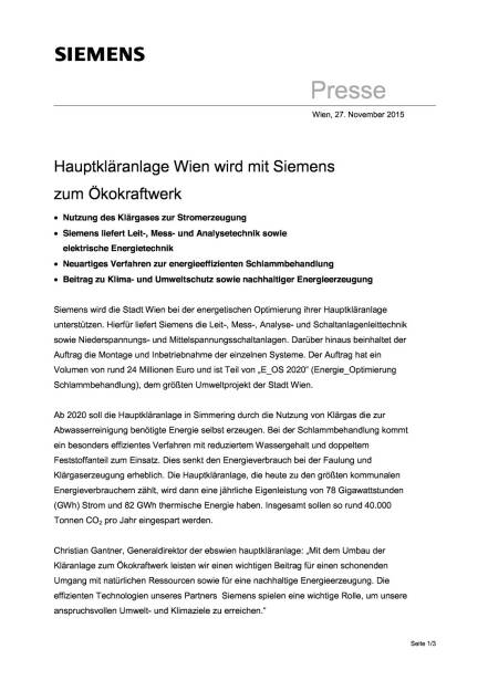 Hauptkläranlage Wien wird mit Siemens zum Ökokraftwerk, Seite 1/3, komplettes Dokument unter http://boerse-social.com/static/uploads/file_500_hauptklaranlage_wien_wird_mit_siemens_zum_okokraftwerk.pdf (27.11.2015) 