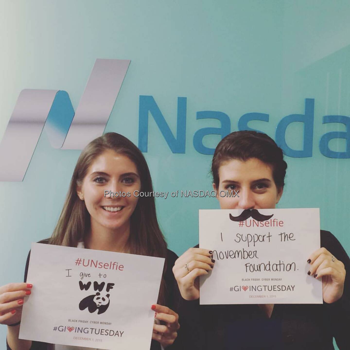 Nasdaq's Kristan Scala supports @wwf and Kelsey Speal supports @movember #marketerswhocare #GivingTuesday #UNselfie   Source: http://facebook.com/NASDAQ