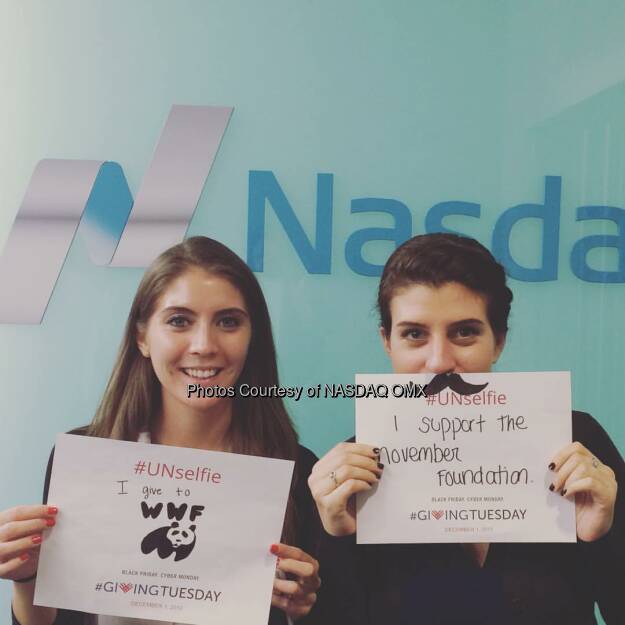 Nasdaq's Kristan Scala supports @wwf and Kelsey Speal supports @movember #marketerswhocare #GivingTuesday #UNselfie   Source: http://facebook.com/NASDAQ (02.12.2015) 
