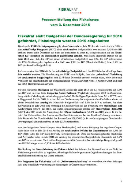 Fiskalrat sieht Budgetziel der Bundesregierung für 2016 gefährde, Seite 1/2, komplettes Dokument unter http://boerse-social.com/static/uploads/file_506_fiskalrat_sieht_budgetziel_der_bundesregierung_fur_2016_gefahrde.pdf (03.12.2015) 