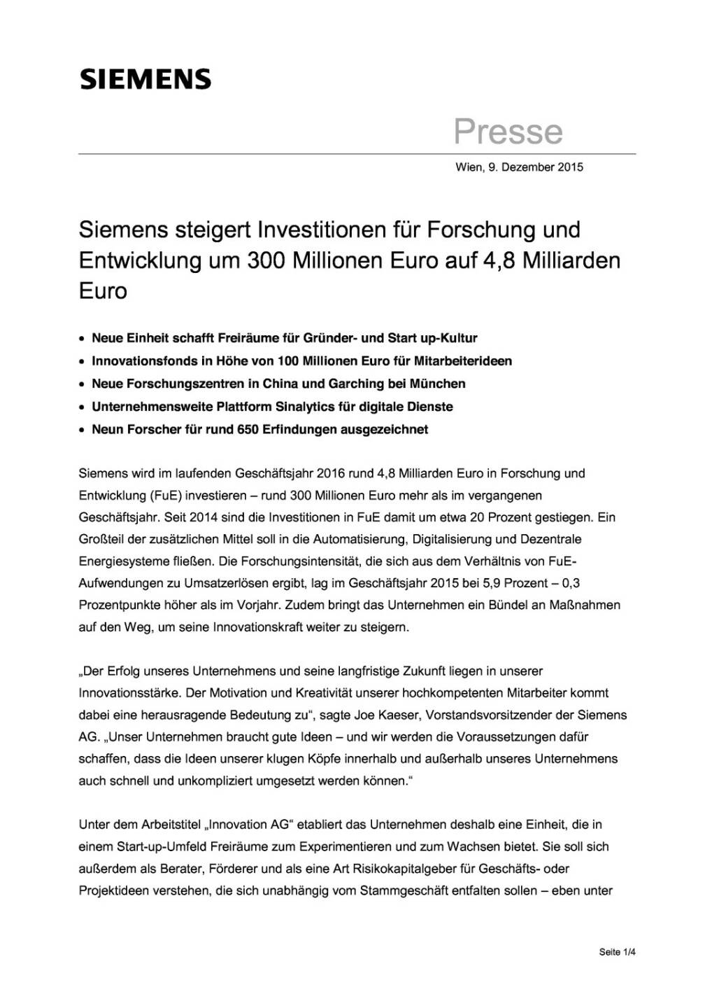 Siemens steigert Investitionen für Forschung und Entwicklung , Seite 1/4, komplettes Dokument unter http://boerse-social.com/static/uploads/file_514_siemens_steigert_investitionen_für_forschung_und_entwicklung.pdf