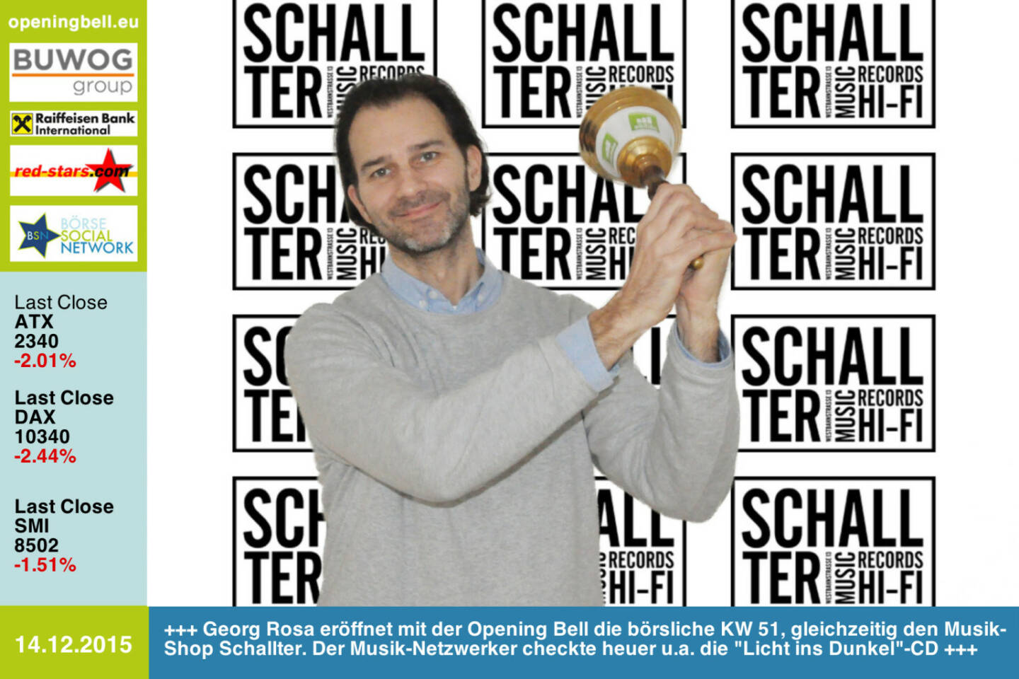 #openingbell am 14.12: Georg Rosa eröffnet mit der Opening Bell die börsliche KW 51, gleichzeitig den Musik-Shop Schallter. Der Musik-Netzwerker checkte heuer u.a. die Licht ins Dunkel-CD http://www.monkeymusic.at https://www.facebook.com/schallter http://lichtinsdunkel.orf.at/?story=4106 http://www.openingbell.eu