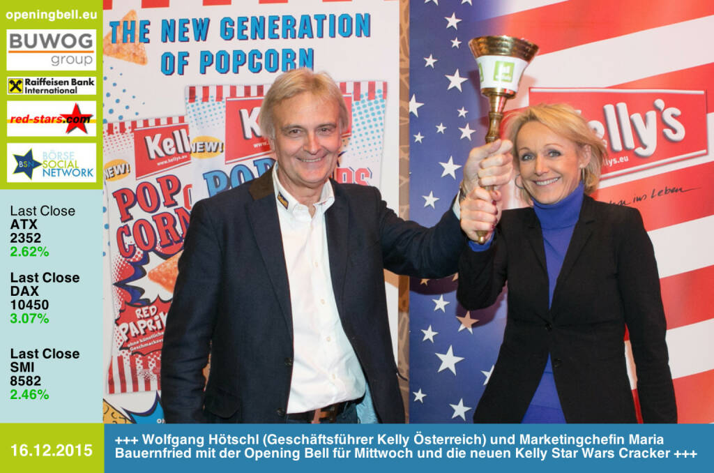 #openingbell am 16.12: Wolfgang Hötschl (Geschäftsführer Kelly Österreich) und Marketingchefin Maria Bauernfried mit der Opening Bell für Mittwoch und die neuen Kelly Star Wars Cracker http://www.kelly.at (16.12.2015) 