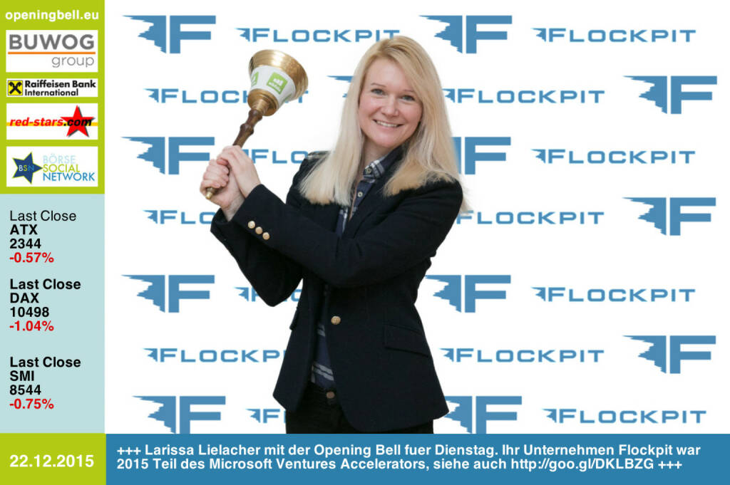 #openingbell am 22.12.: Larissa Lielacher mit der Opening Bell fuer Dienstag. Ihr Unternehmen Flockpit war 2015 Teil des Microsoft Ventures Accelerators, siehe auch http://goo.gl/DKLBZG http://www.flockpit.com http://www.openingbell.eu (22.12.2015) 