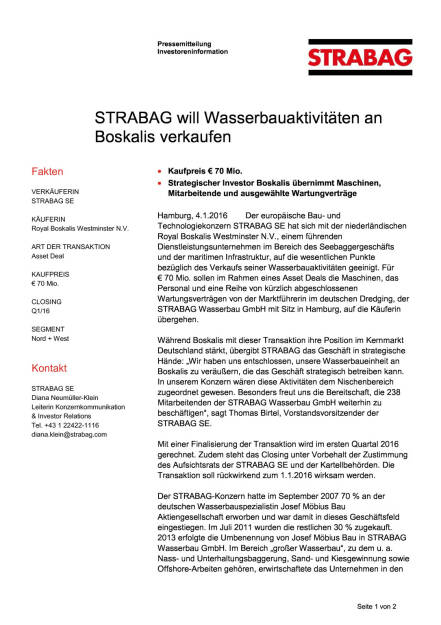 Strabag will Wasserbauaktivitäten an Boskalis verkaufen, Seite 1/2, komplettes Dokument unter http://boerse-social.com/static/uploads/file_539_strabag_will_wasserbauaktivitaten_an_boskalis_verkaufen.pdf (04.01.2016) 