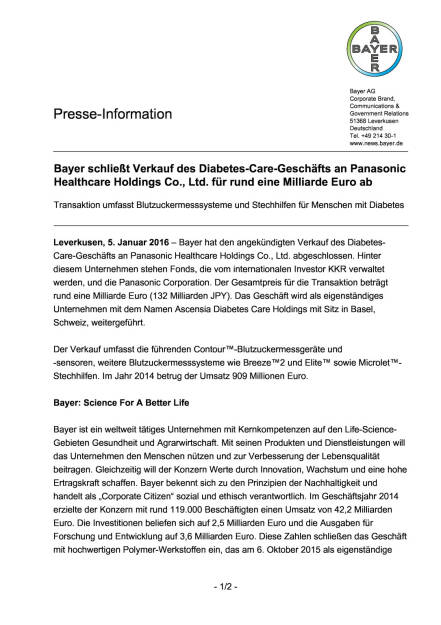 Bayer verkauft Diabetes-Care-Geschäft, Seite 1/2, komplettes Dokument unter http://boerse-social.com/static/uploads/file_540_bayer_verkauft_diabetes-care-geschaft.pdf (05.01.2016) 
