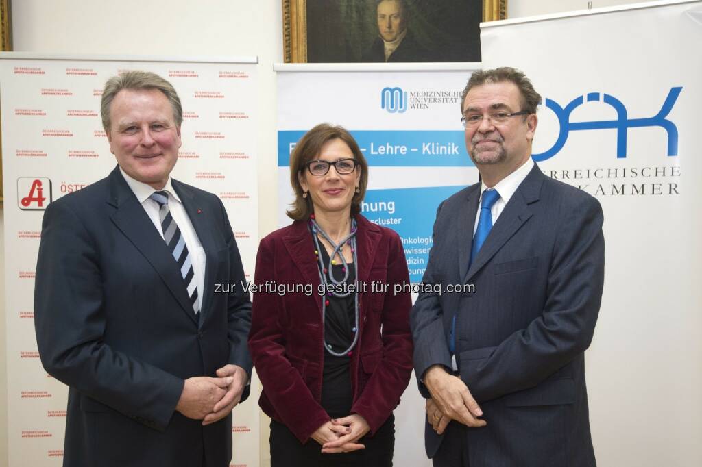 Christian Müller-Uri (Vizepräs. Österr. Apothekerkammer), Ursula Wiedermann-Schmidt (Leiterin Institut Spezifische Prophylaxe & Tropenmedizin der MedUni Wien & wissenschaftliche Leiterin des Österr. Impftages 2016), Rudolf Schmitzberger (Sprecher des Referats für Impfangelegenheiten der Österr. Ärztekammer) : Österreichischer Impftag 2016: Personalisiertes Impfen im Fokus : Fotocredit: Medizinische Universität Wien/APA-Fotoservice/Hörmandinger, © Aussender (13.01.2016) 