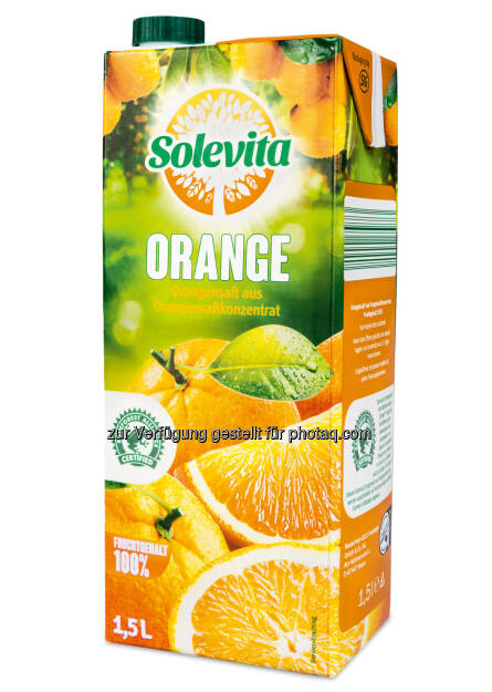 Solevita-Orangensaft : Zertifizierter Orangensaft bei Lidl Österreich - mit dem Rainforest Alliance Certified™-Siegel gekennzeichnet : Fotocredit: Lidl Österreich, © Aussender (14.01.2016) 