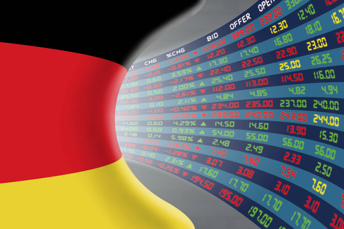 DAX, Kurszettel, rot, grün http://www.shutterstock.com/de/pic-361977842/stock-photo-national-flag-of-germany-with-a-large-display-of-daily-stock-market-price-and-quotations-during.html