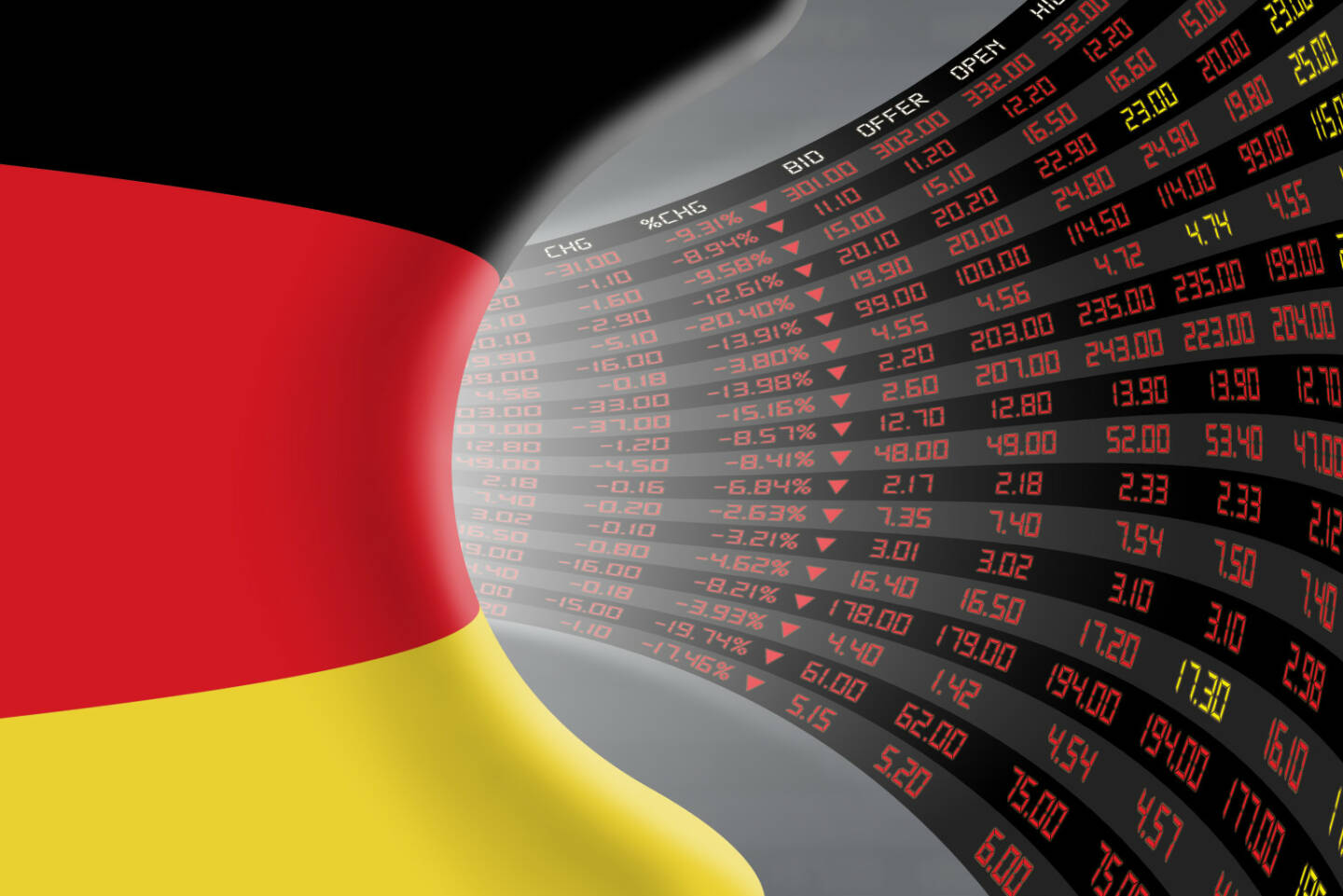 DAX, Kurszettel, rot http://www.shutterstock.com/de/pic-361977824/stock-photo-national-flag-of-germany-with-a-large-display-of-daily-stock-market-price-and-quotations-during.html