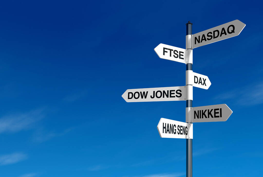 Aktienindizes, Index, Indizes, DAX, Dow Jones, NASDAQ, FTSE, Nikkei, Hang Seng http://www.shutterstock.com/de/pic-92345902/stock-photo-signpost-with-stock-market-names-and-blue-sky.html, © www.shutterstock.com (20.01.2016) 