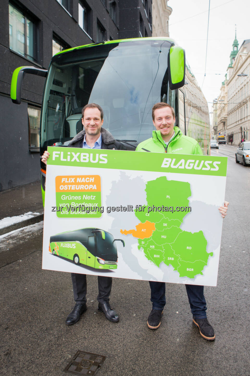 André Schwämmlein (CEO FlixBus), Thomas Blaguss (Blaguss-Gruppe) : „Ein grünes Netz von Bordeaux bis Bukarest!“ – FlixBus expandiert in CEE-Länder : Von sechs Ländern in Osteuropa nach Nord-, Süd- und Westeuropa / Gründung Landesgesellschaft „FlixBus CEE“ mit Blaguss-Gruppe als strategischer Partner für neue Märkte : Fotocredit: Blaguss Gruppe/Lendl