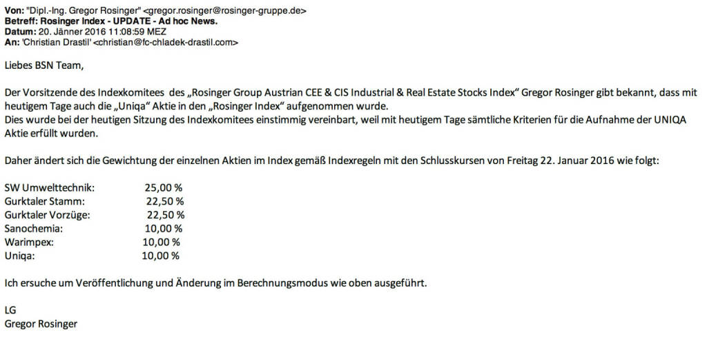 Indexevent Rosinger-Index 4: Aufnahme Uniqa per Schlusskurs 22.1. 2016, effektiv per Marktstart 25.1. 2016 (23.01.2016) 