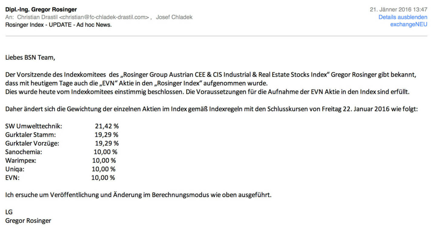 Indexevent Rosinger-Index 5: Aufnahme EVN per Schlusskurs 22.1. 2016, effektiv per Marktstart 25.1. 2016