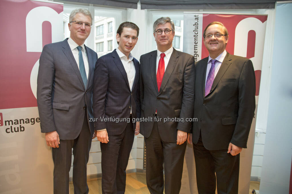 Georg Kraus (mc-Vizepräsident, CEO Managing Partner Public Interesses Consultants), Sebastian Kurz (Bundesminister für Europa, Integration & Äußeres), Gerhard Starsich (mc-Präsident, Generaldirektor Münze Österreich AG), Günther Ofner (mc-Vizepräsident, Vorstandsdirektor Flughafen Wien AG) : Sebastian Kurz im management club: „Die echten Herausforderungen kommen erst mit der Integration!“ : Fotocredit: management club/APA-Fotoservice/Juhasz, © Aussender (25.01.2016) 