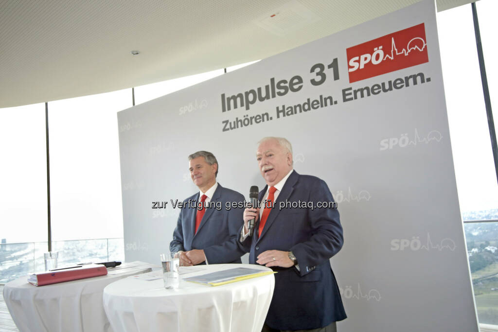 Georg Niedermühlbichler (Landesparteisekretär), Michael Häupl (Vors. SPÖ Wien, Bgm.): Häupl und Niedermühlbichler präsentierten Wiener SPÖ-Organisationsreform : „Impulse 31 - Zuhören. Handeln. Erneuern“ vom Vorstand beschlossen : Fotocredit: SPÖ Wien/Peschat, © Aussender (26.01.2016) 