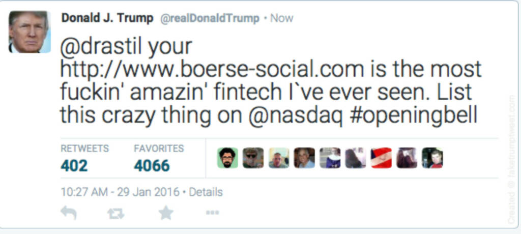 Donald Trump lobt das Börse Social Network (29.01.2016) 
