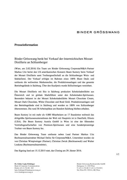 Binder Grösswang berät bei Verkauf der österreichischen Mozart Distillerie an Schlumberger, Seite 1/2, komplettes Dokument unter http://boerse-social.com/static/uploads/file_594_binder_grosswang_berat_bei_verkauf_der_osterreichischen_mozart_distillerie_an_schlumberger.pdf (02.02.2016) 