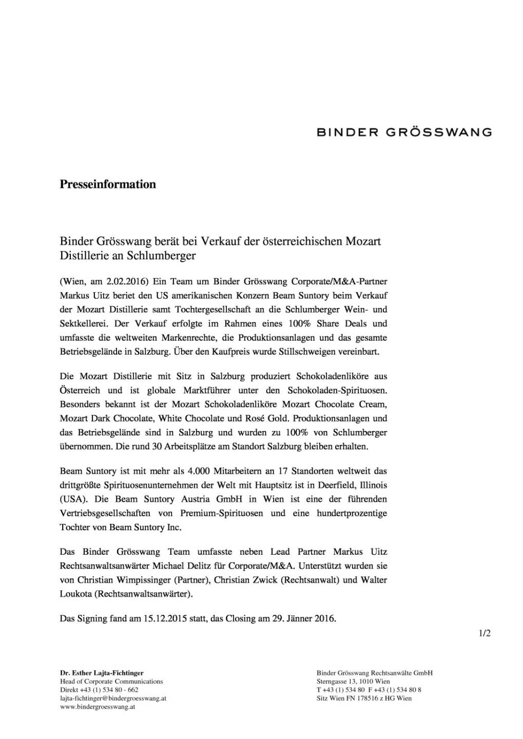 Binder Grösswang berät bei Verkauf der österreichischen Mozart Distillerie an Schlumberger, Seite 1/2, komplettes Dokument unter http://boerse-social.com/static/uploads/file_594_binder_grosswang_berat_bei_verkauf_der_osterreichischen_mozart_distillerie_an_schlumberger.pdf