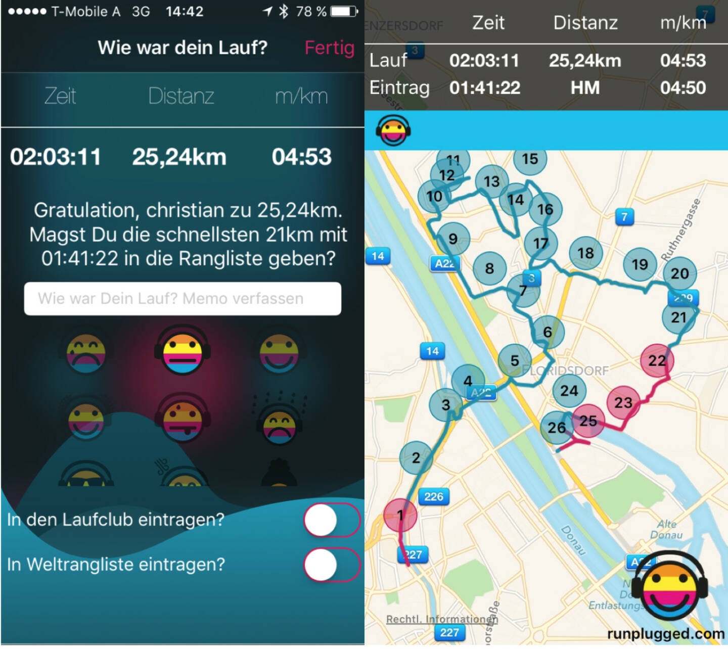 Gelaufen natürlich mit http://www.runplugged.com/app - 25,2k in Pace 4:53