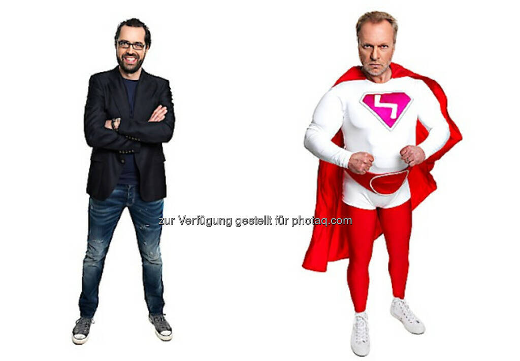 Gerald Fleischhacker (Moderator von Bist Du deppert!), Reinhard Nowak (Super Nowak“) : Rekordauftakt für Puls 4-Formate Bist Du deppert! und Super Nowak : Fotocredit: Lisa-Maria Trauer, © Aussendung (03.02.2016) 