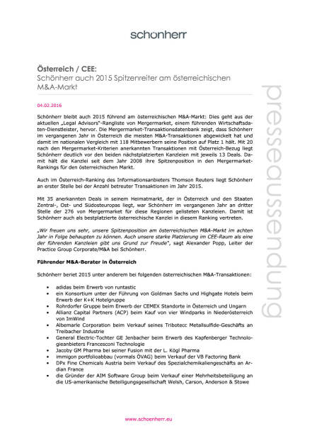 Schönherr auch 2015 Spitzenreiter am österreichischen M&A-Markt, Seite 1/2, komplettes Dokument unter http://boerse-social.com/static/uploads/file_603_schonherr_auch_2015_spitzenreiter_am_osterreichischen_ma-markt.pdf (04.02.2016) 