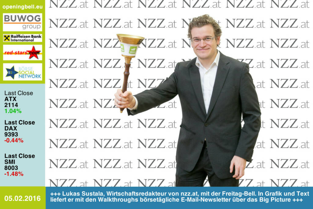 #openingbell am 5.2: Lukas Sustala, Wirtschaftsredakteur von http://www.NZZ.at, mit der Opening Bell für Freitag. Mit seinen Walkthroughs liefert er in Grafik un Text börsetägliche E-Mail-Newsletter über das Big Picture http://www.openingbell.eu (05.02.2016)