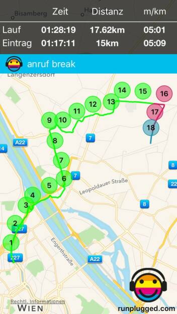 Lauf mit http://www.runplugged.com/app 17,6 km via Marchfeldkanal / Gerasdorf (05.02.2016) 