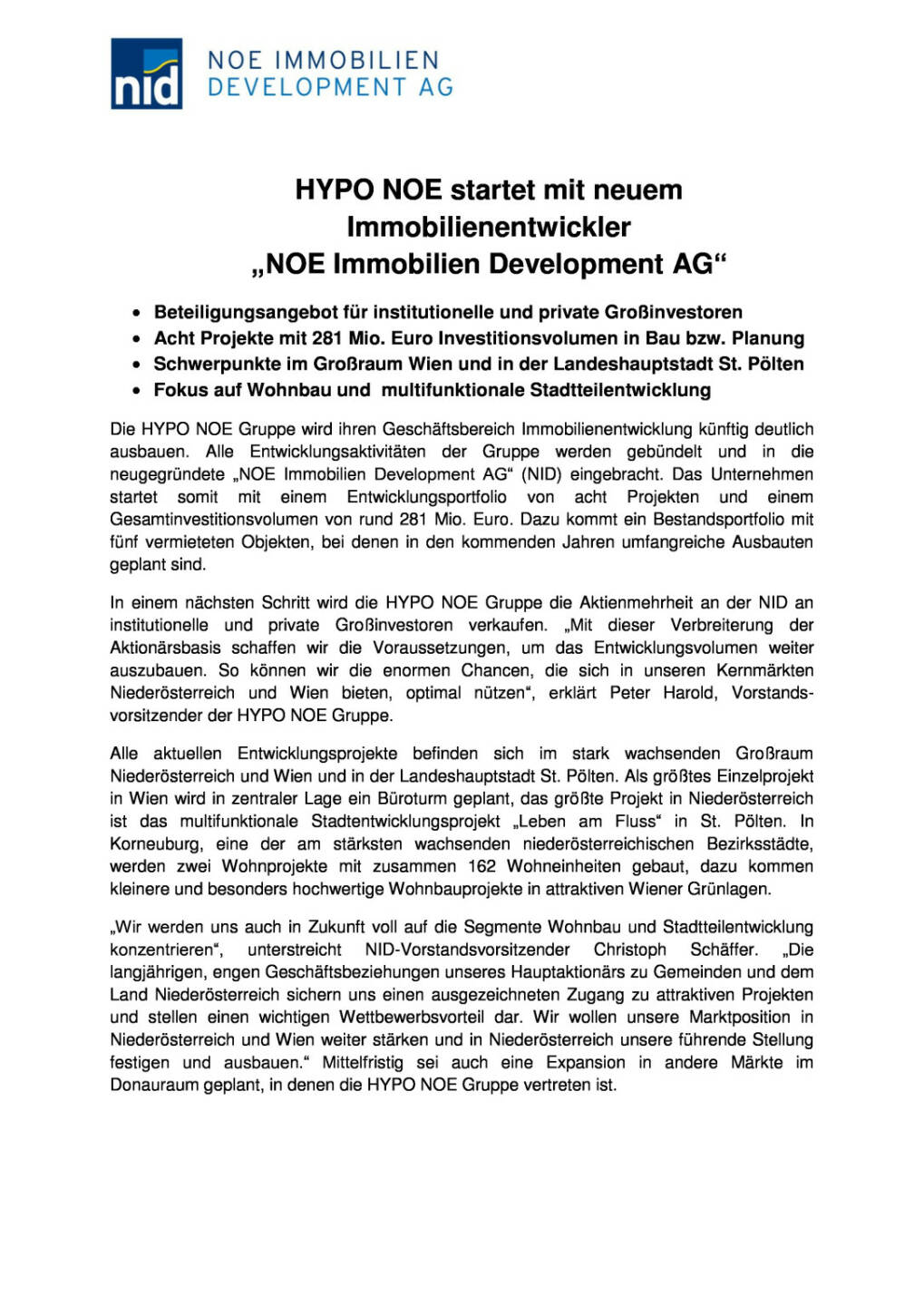 Hypo N&Ouml; startet mit neuem Immobilienentwickler NOE Immobilien Development AG, Seite 1/2, komplettes Dokument unter http://boerse-social.com/static/uploads/file_609_hypo_no_startet_mit_neuem_immobilienentwickler_noe_immobilien_development_ag.pdf