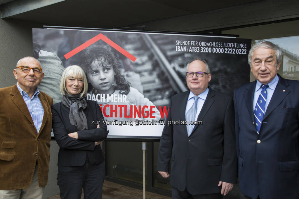 Mariusz Jan Demner, Erika Pluhar, Christian Konrad, Gerald Schöpfer : Der Verein Österreich hilfsbereit mit Obmann Christian Konrad startet in Kooperation mit dem Roten Kreuz und der Werbeagentur Demner, Merlicek & Bergmann eine groß angelegte Spendenkampagne: Ziel ist, das Schaffen von festen Unterkünften für Flüchtlinge zu beschleunigen : Fotocredit: DMB, © Aussender (08.02.2016) 