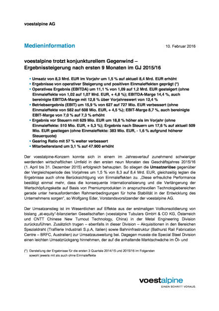 voestalpine: Finanzergebnisse 3. Quartals 2015/16 , Seite 1/3, komplettes Dokument unter http://boerse-social.com/static/uploads/file_619_voestalpine_finanzergebnisse_3_quartals_201516.pdf (10.02.2016) 