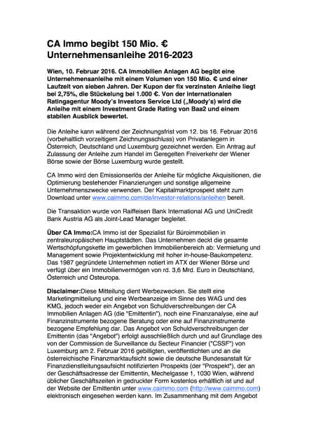 CA Immo begibt 150 Mio. € Unternehmensanleihe 2016-2023, Seite 1/2, komplettes Dokument unter http://boerse-social.com/static/uploads/file_624_ca_immo_begibt_150_mio_unternehmensanleihe_2016-2023.pdf (10.02.2016) 