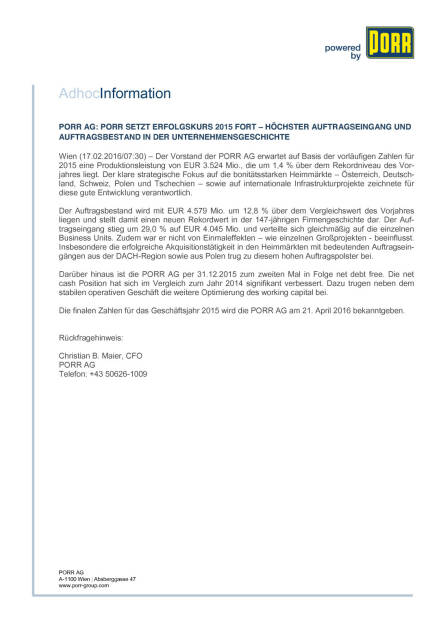Porr vorläufiges Ergebnis 2015, Seite 1/1, komplettes Dokument unter http://boerse-social.com/static/uploads/file_645_porr_vorlaufiges_ergebnis_2015.pdf (17.02.2016) 