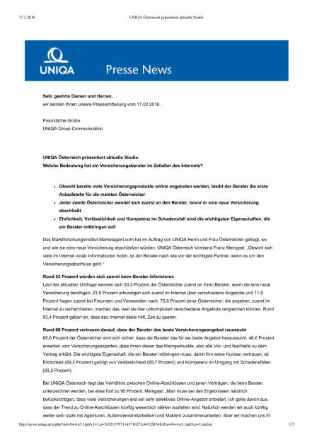 Uniqa Studie: Bedeutung Versicherungsberater im Zeitalter des Internets, Seite 1/3, komplettes Dokument unter http://boerse-social.com/static/uploads/file_648_uniqa_studie_bedeutung_versicherungsberater_im_zeitalter_des_internets.pdf (17.02.2016) 