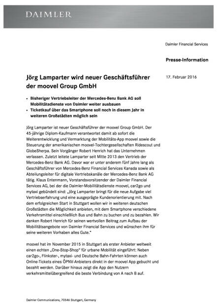 Jörg Lamparter wird neuer Geschäftsführer der moovel Group GmbH, Seite 1/2, komplettes Dokument unter http://boerse-social.com/static/uploads/file_649_jorg_lamparter_wird_neuer_geschaftsfuhrer_der_moovel_group_gmbh.pdf (17.02.2016) 