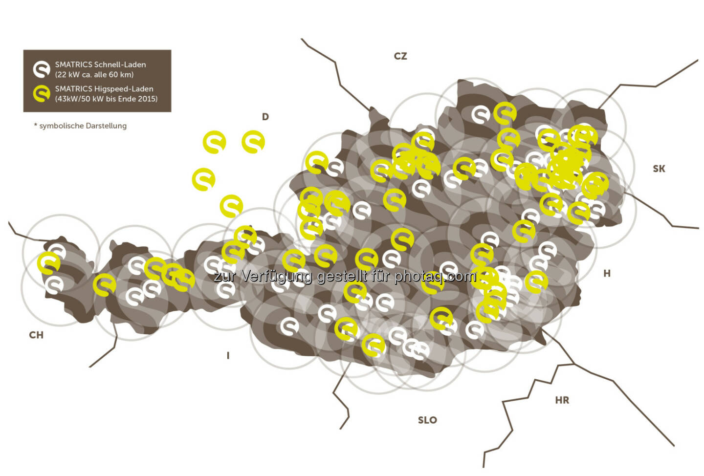Grafik Smatrics Ladestationen Österreich und Nachbarländer : Österreichweites E-Ladenetz mit einer Karte ist bereits Realität : Smatrics bietet erstes und einziges High-Speed-Ladenetz – Zugang mit Kundenkarte oder Handy : Fotocredit: Smatrics