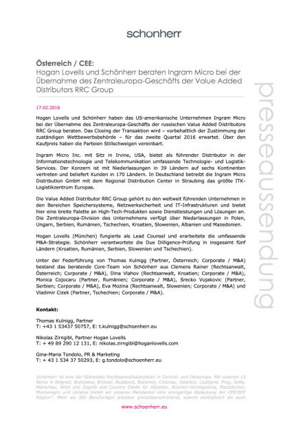 Hogan Lovells und Schönherr beraten Ingram Micro bei der Übernahme des Zentraleuropa-Geschäfts der Value Added Distributors RRC Group, Seite 1/2, komplettes Dokument unter http://boerse-social.com/static/uploads/file_650_hogan_lovells_und_schonherr_beraten_ingram_micro_bei_der_ubernahme_des_zentraleuropa-geschafts_der_value_added_distributors_rrc_group.pdf (17.02.2016) 