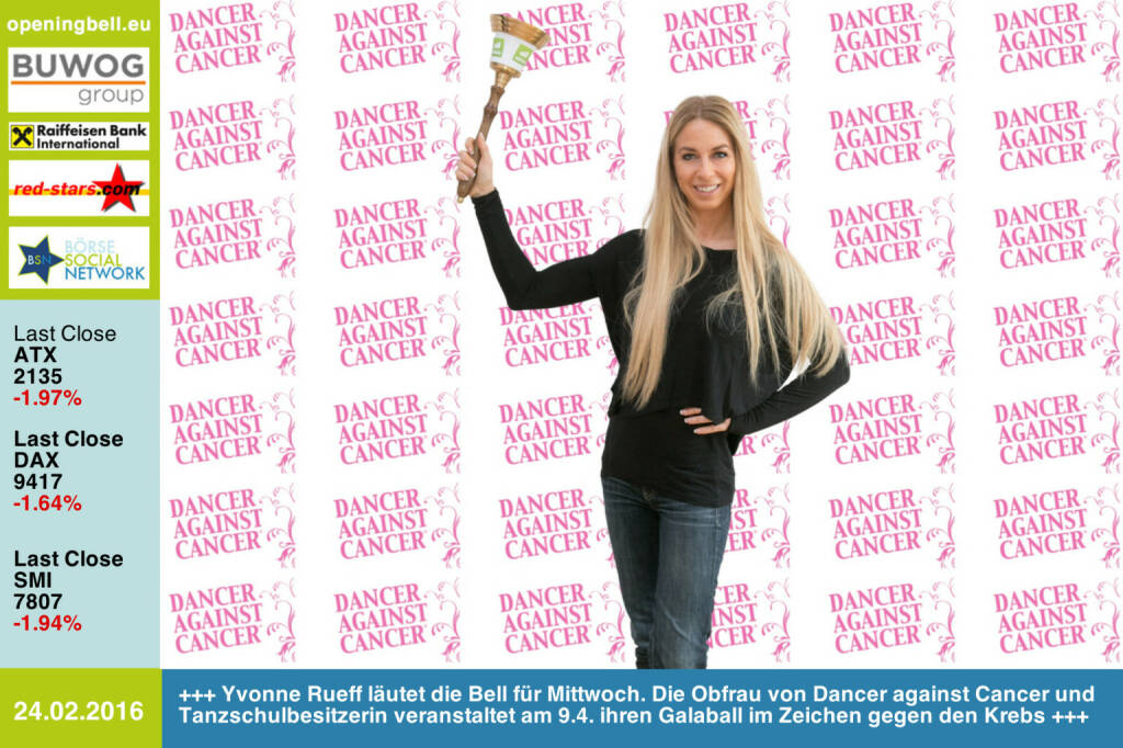 #openingbell am 24.2: Yvonne Rueff läutet die Opening Bell für Mittwoch. Die Obfrau von Dancer against Cancer und Tanzschulbesitzerin veranstaltet am 9.4. ihren Galaball im Zeichen gegen den Krebs http://danceragainstcancer.com http://www.tanzschulerueff.at/ http://www.openingbell.eu (24.02.2016) 