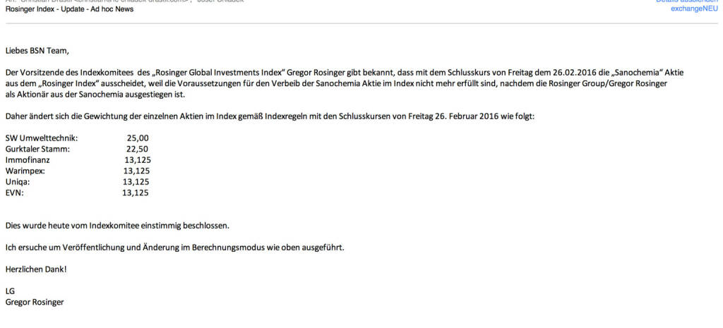 Indexevent Rosinger-Index 9: Herausnahme Sanochemia per Schlusskurs 26.2.2016, effektiv per Marktstart 29.2.2016 (26.02.2016) 