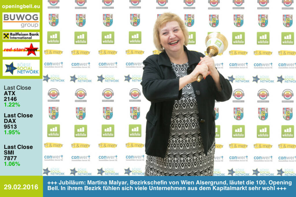 #openingbell am 29.2: Jubiläum: Martina Malyar, SPÖ-Bezirksvorsteherin von Wien Alsergrund, läutet die 100. Opening Bell. In ihrem Bezirk fühlen sich viele Unternehmen aus dem Kapitalmarkt sehr wohl http://www.conwert.com http://www.wikifolio.com http://www.boerse-social.com http://www.runplugged.com http://www.openingbell.eu (29.02.2016) 